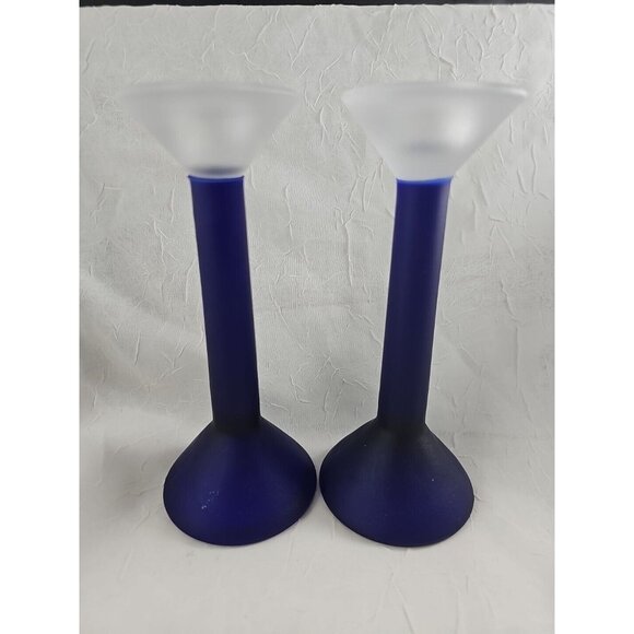 Frosted Cobalt Blue Candlesticks 7in vtg satin glass hourglass colorblock 2pc - Picture 2 of 12